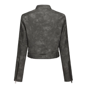 Rückansicht einer grauen Kunstleder-Bikerjacke mit metallischen Reißverschlüssen