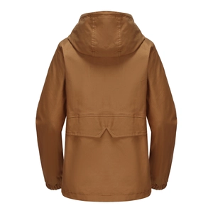 Detail of hooded windbreaker back featuring ventilation flap and elastic gathered cuffs