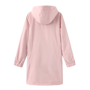 Rear view of a light pink hooded waterproof windbreaker with elastic cuffs and a loose fit