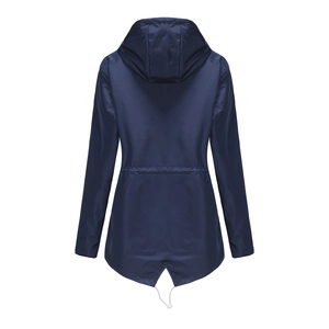 Back view of navy blue hooded raincoat featuring fishtail hem and adjustable drawstring waist
