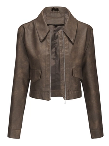 Detail of vintage brown faux leather jacket with metal zipper and utility pockets