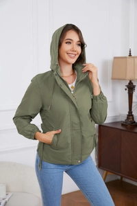 Detail of army green hooded windbreaker showing zipper closure and drawstring waist adjustable