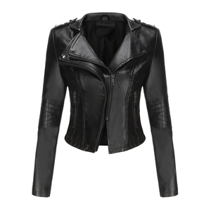 Detail of black faux leather biker jacket featuring shoulder studs and sleeve stitching