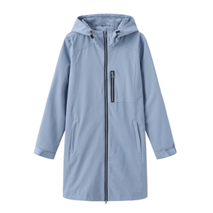Detail of light blue hooded windbreaker showing zipper pockets and velcro adjustable cuffs