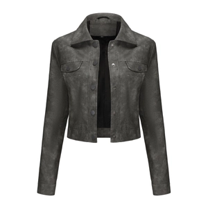 Detail of grey faux suede jacket featuring pointed collar and front flap pockets