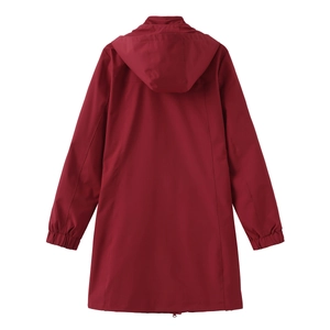 Back view of wine red hooded jacket featuring elastic cuffs and water-resistant fabric
