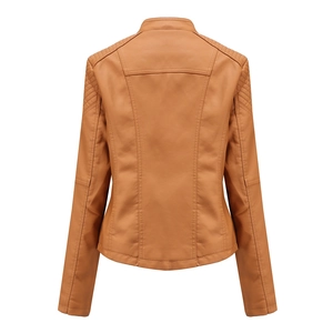Back view of light brown PU leather motorcycle jacket showing slim fit and quilted seams