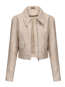 Detail of light khaki leather jacket showing wide collar, zip closure and pockets