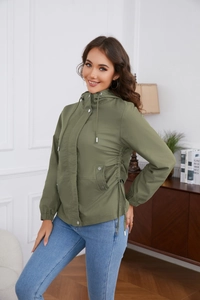 Detail of army green hooded jacket with adjustable drawstrings and zip-up front closure