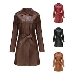Trench da donna medio-lungo in pelle PU con cintura in quattro colori classici