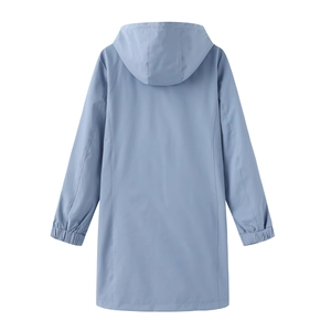 Rear view of a light blue long waterproof hooded windbreaker with elastic cuffs