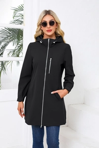 Damen Kapuzenwindjacke mit Metallic-Reißverschlusstaschen und schwarzen langen Ärmeln