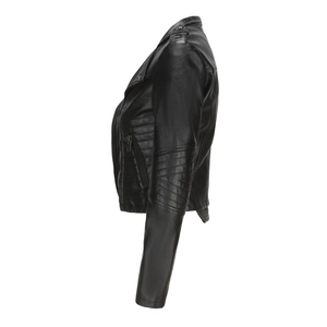 Detail view of black faux leather biker jacket with quilted sleeves and silver studs