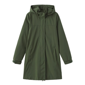Close-up of dark green waterproof trench coat showing adjustable velcro cuffs and windproof flap