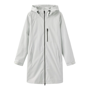 Detail showing the adjustable velcro cuffs and front zipper pocket on a grey trench coat