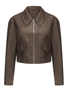 Detailed view of dark brown faux leather biker jacket with collar and zip pockets