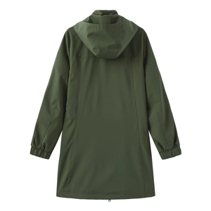 Rear view of waterproof hooded windbreaker with elastic cuffs and drawstring hem details