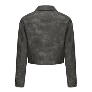 Rear view of a short dark gray jacket with vintage washed texture and seam stitching