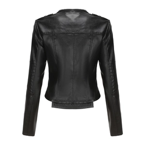 Detailed back view of a slim-fit black faux leather jacket with stitched biker patterns