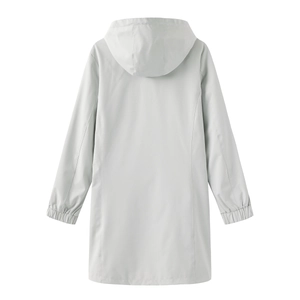 Rear view of long light grey hooded raincoat with elastic cuffs and water-resistant fabric