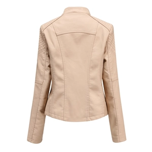 Back view of apricot faux leather jacket showing quilted shoulders and stand collar