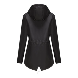 Back view of black hooded raincoat with drawstring waist and fishtail hem detail