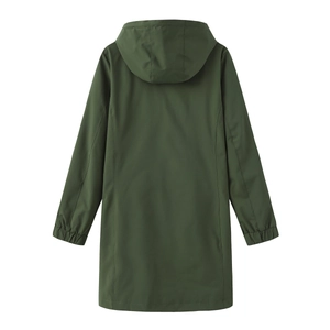 Back view of waterproof olive green hooded windbreaker with elastic cuffs and smooth texture
