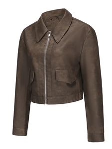 Close-up of brown PU leather jacket featuring wide lapels, metal zipper, and flap pockets