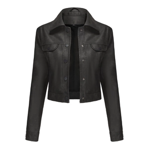 Detail of black faux leather jacket featuring chest flap pockets and button closure