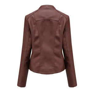 Detail of slim-fit cognac PU leather motorcycle jacket showing back seams and quilting