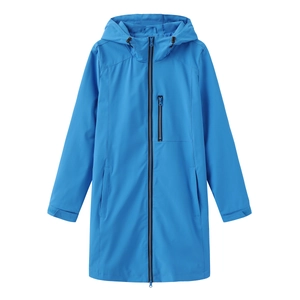 Detail of water-resistant blue hooded windbreaker with black zippers and zip pocket