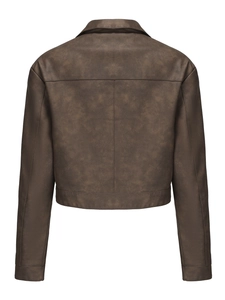 Back view of a dark brown vintage faux suede jacket with detailed stitching and standing collar