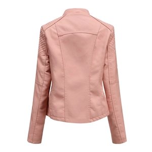 Back view of light pink faux leather jacket featuring diamond quilted patterns on shoulders