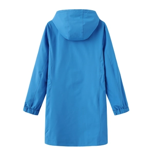 Detail view of the water-resistant blue hooded windbreaker back with elastic cuffs