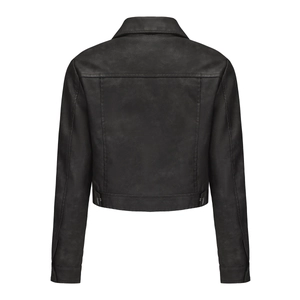 Back view of women's black PU leather jacket showing slim fit cut and waist adjustment straps