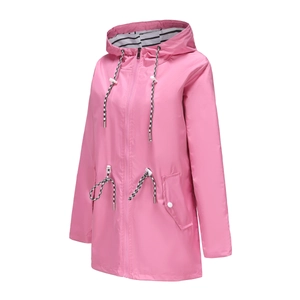Detail of pink waterproof jacket with striped lining and checkered adjustable drawstrings