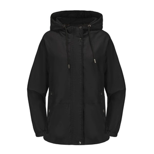 Detail of a black hooded windbreaker featuring waterproof fabric and drawstring hood