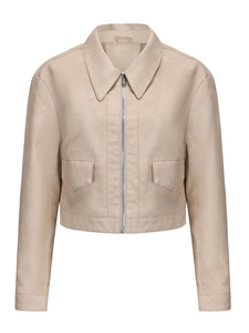 Close-up of beige faux leather jacket featuring lapel collar and metal zipper details