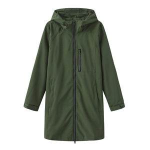Close-up of waterproof hooded parka with vertical chest zipper and adjustable cuffs