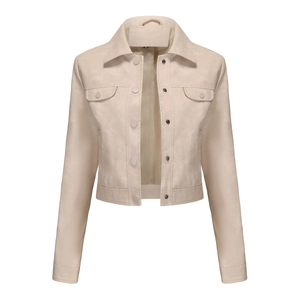 Detail of a beige cropped faux suede jacket with chest pockets and button-down front