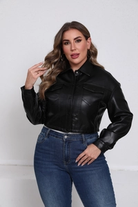Close-up of black PU leather jacket featuring classic lapel and buttoned flap pockets