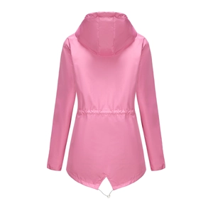 Back view of pink waterproof hooded trench coat with drawstring waist and fishtail hem