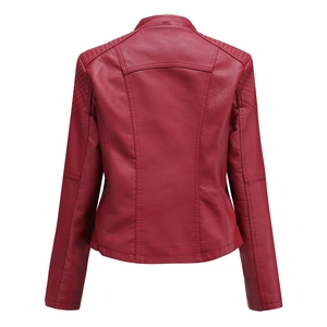 Rear view of women's red PU biker jacket showing quilted diamond pattern on shoulders