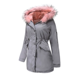 Women's grey parka featuring a large pink faux fur hood and adjustable waist drawstrings
