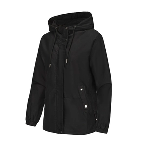 Detail of hooded windbreaker featuring adjustable drawstring, zipper, and button closure
