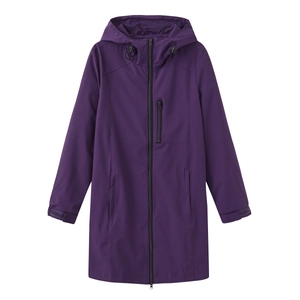Detail of dark purple hooded windbreaker featuring zip pockets and adjustable cuffs