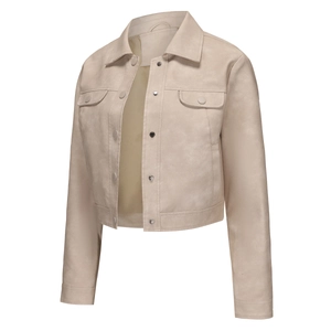Detailed view of the khaki suede short jacket featuring classic lapels and flap pockets