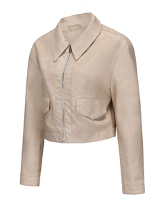 Detail of the high-quality beige faux suede jacket zipper closure and utility chest pockets