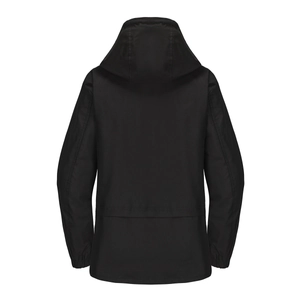 Rear view of a black hooded windbreaker jacket featuring elastic cuffs and layered back design