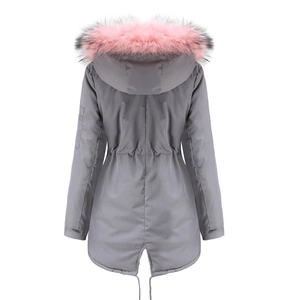 Rear view of grey parka coat featuring a drawstring waist and pink faux fur hood trim